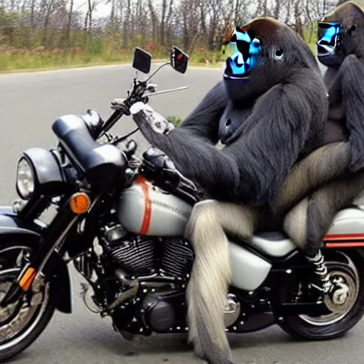 Image similar to gorilla on a Harley Davidson on the road, funny picture