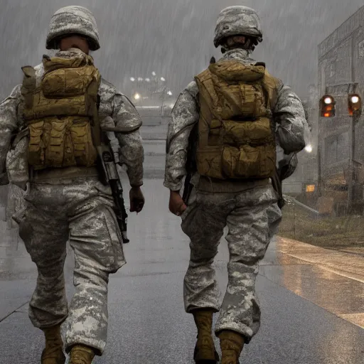 Prompt: squad of us military soldiers walk through ruined city in the rain, digital art, trending on artstation, volumetric lighting, dramatic, 4k