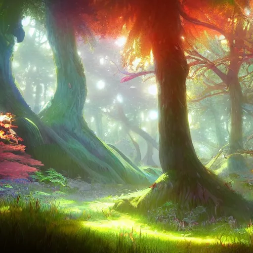 Image similar to concept art painting of a mystical colorful forest, with fog and strange colorful plants, realistic, detailed, cel shaded, in the style of makoto shinkai and greg rutkowski and james gurney