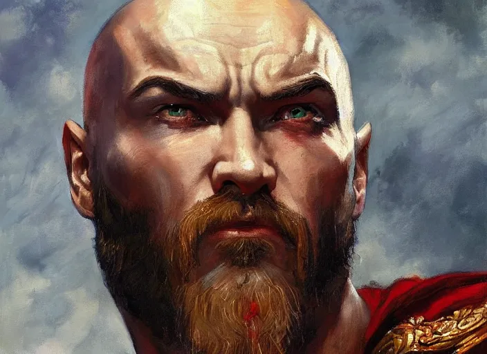 Image similar to a highly detailed beautiful portrait of vladimir putin as kratos, by gregory manchess, james gurney, james jean