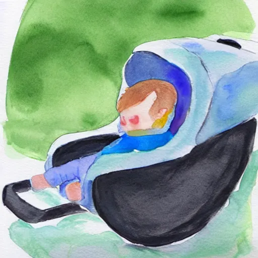 Prompt: a watercolor of a cute toddler sleeping in his car seat