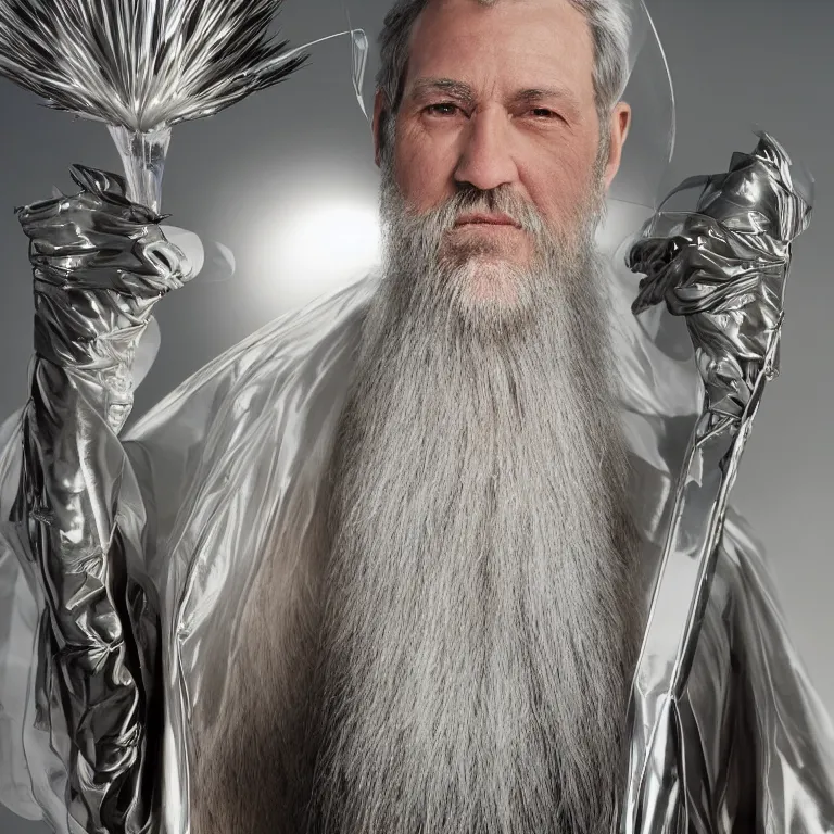 Prompt: high fashion photoshoot octane render portrait by wayne barlow and carlo crivelli and glenn fabry, a distinguished sci - fi futuristic wizard with a long white beard wearing a clear plastic iridescent wizard robes and holding a magical adorable critter while standing inside a futuristic beautiful boutique hotel lobby, very short depth of field, bokeh