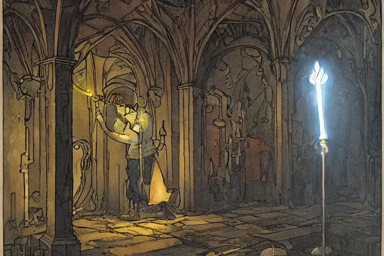 Image similar to a man holds a torch and explores a Dungeon, luminous, Art Nouveau