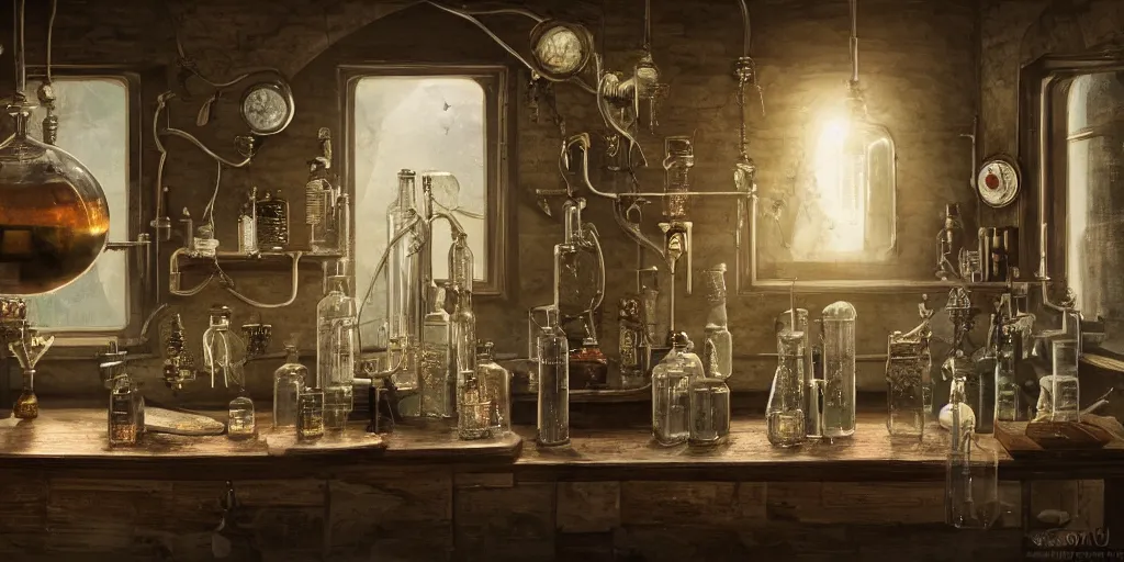 Prompt: an old alchemy laboratory, vials, bottles and plants, crystal balls, dim lighting, light rays coming through the window, dust particles, photorealistic painting, beautiful elaborate interior, vintage laboratory style, digital painting, high resolution, cinematic scene lighting, matte painting