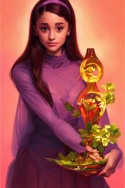 Image similar to beautiful cottagecore Ariana Grande holding a nuclear glowing colored vase. intricate, elegant. highly detailed, digital painting, artstation, concept art, smooth, sharp, focus, illustration. . art by artgerm and greg rutkowski and alphonse mucha