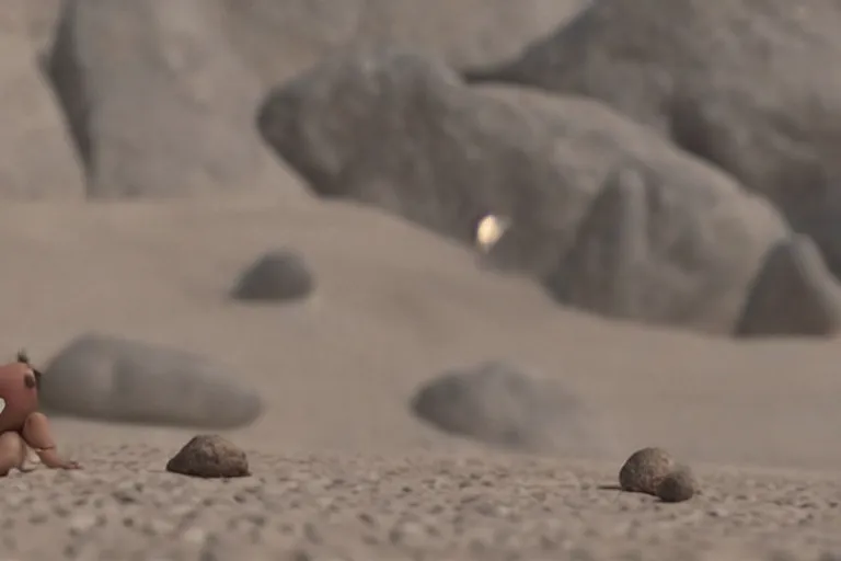 Image similar to vfx movie scene closeup adorable tiny little baby alien creature in moon desert eating a rock. by emmanuel lubezki