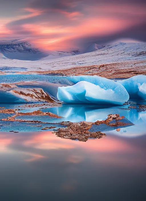 Prompt: landscape photography by marc adamus glacial lake jokulsarlon sunset lake