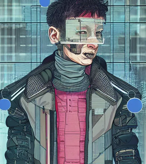 Image similar to a cyberpunk man with multiple digital patchwork faces, techwear, Industrial Scifi, detailed illustration, character portrait, by Martin Grip and Moebius