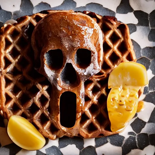 Prompt: photo of a delicious tasty waffle in the shape of a skull, syrup, food photography, 8 k high definition, insanely detailed, intricate