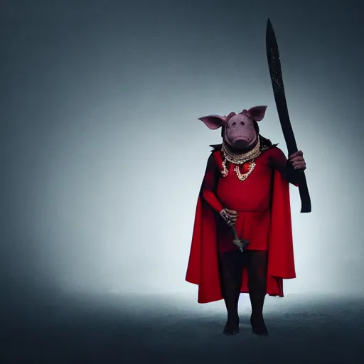 Image similar to a humanoid pig, wearing a crown, red cape and wielding a black axe, vivid colors, soft lighting, atmospheric, cinematic, moody, oil on canvas, 8 k