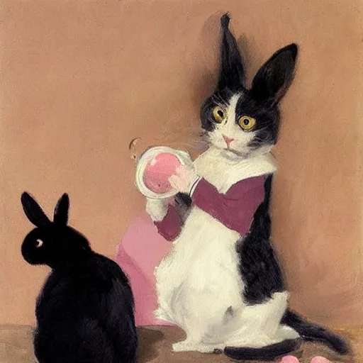 Image similar to a black cat having a picnic with a ((bunny)), the ((bunny)) has pink fur, the cat is drinking tea, highly detailed, painted by John Singer Sargent