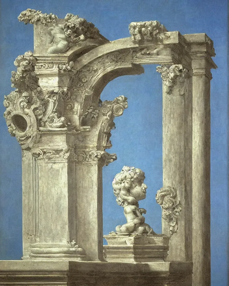 Image similar to achingly beautiful painting of intricate ancient roman corinthian capital on a baby blue background by rene magritte, monet, and turner. giovanni battista piranesi.