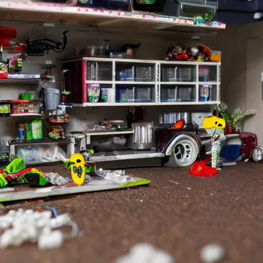 Image similar to garage with carnivorous plants on the shelves and packing peanuts on the floor, scene from tv show hyper detailed 5 5 mm 8 5 mm, toy photography, made out of plastic