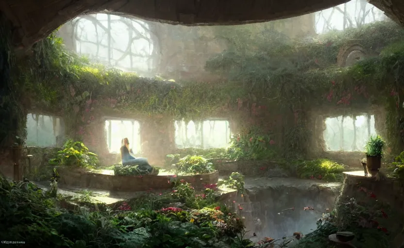 Prompt: painting of an interior of a hidden ring - shaped living quarters overlooking the great room, well maintained, clean, lush plants and flowers, other bedrooms can be seen, natural light, fantasy, natural light, concept art, by greg rutkowski and craig mullins, cozy atmospheric and cinematic lighting, trending on artstation