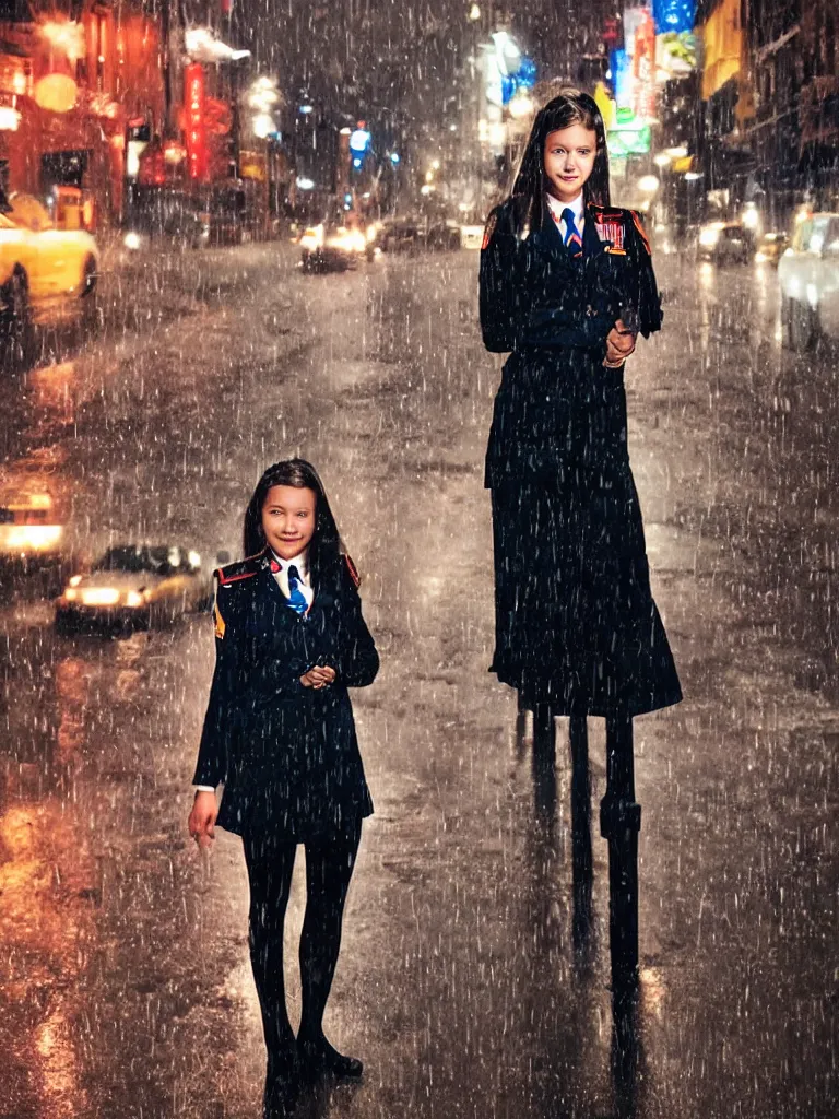 Image similar to night flash portrait photography of a high school girl in uniform on the lower east side by annie leibovitz, colorful, nighttime!, raining!