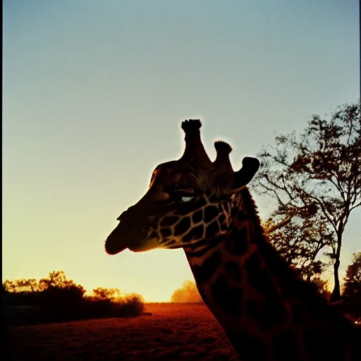 Image similar to a low angle photo of a cat giraffe hybrid, at the golden hour, dusk, sunset, sunrise, warm lighting, strongshadows, photo by slim aarons, award winning