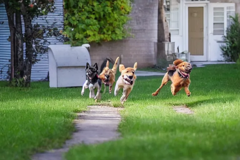 Prompt: dogs running towards a mailman off in the distance