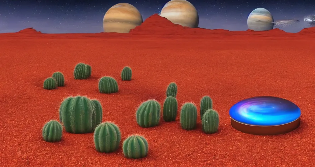 Prompt: ''red sand desert, gas giant in the sky, cactus in the forefront, crashed spaceship in the distance''