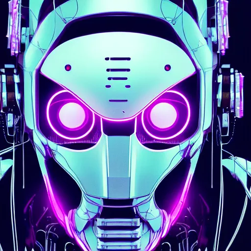 Image similar to Head of a robot with purple glowing eyes in cyberpunk neon Tokyo in style of Tsutomu Nihei. Cyberpunk, vertical symmetry, 8K, Highly Detailed, Intricate.