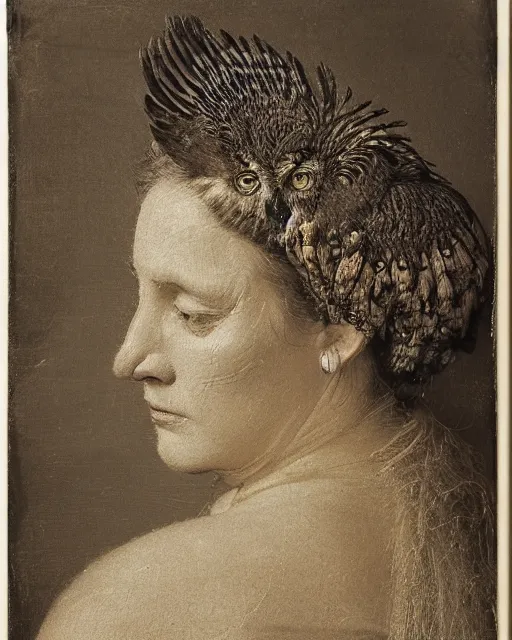 Image similar to a woman's face in profile, made of intricate owl feathers, in the style of the dutch masters and gregory crewdson, dark and moody