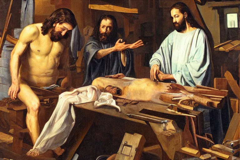 Prompt: jesus assembling a human being in his wood shop, body parts lying around, oil painting