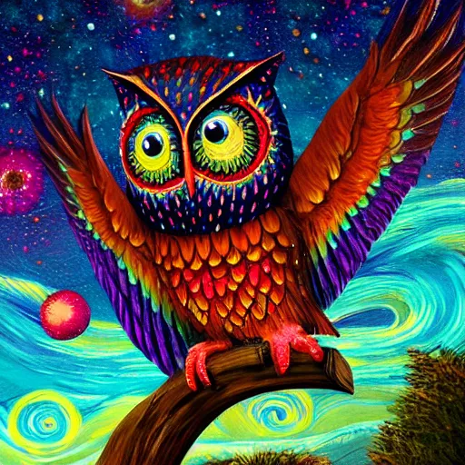 Image similar to rainbow owl flying with the starry night sky above , trending on artstation, digital art, 4k, hyper realism, high detail, cinematic, cinematic lighting, high detail, realistic, fantasy