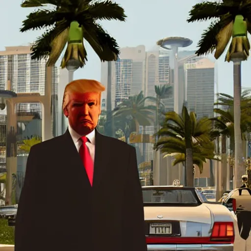 Prompt: Donald trump in GTA V . Los Santos in background, palm trees. in the art style of Stephen Bliss