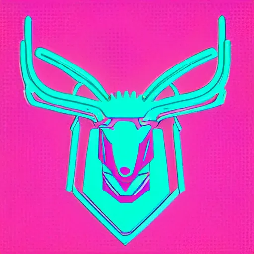 Image similar to logo for corporation called protoneo that involves deer head, symmetrical, retro pink synthwave style, retro sci fi