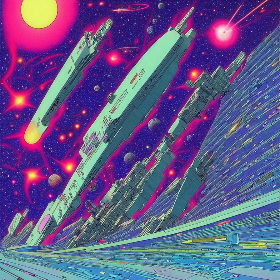 Image similar to ( ( ( ( a huge ship moving through a dimensional gap at the end of the galaxy. ) ) ) ) by mœbius!!!!!!!!!!!!!!!!!!!!!!!!!!!, overdetailed art, colorful, artistic record jacket design