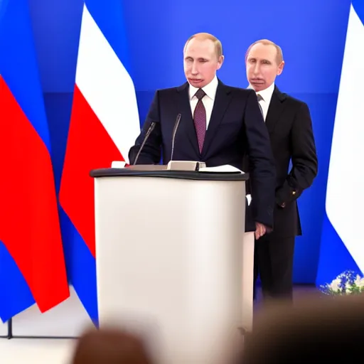 Image similar to annie leonhart and vladimir putin hold joint press conference in biarritz at g 7 summit, zeiss 1 5 0 mm, sharp focus, natural lighting, ultra realistic, high definition 4 k photo, g 7 summit press photos