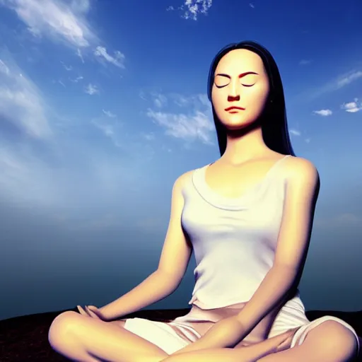 Image similar to real photo, a beautiful lady is meditating and hoping for a better future. close - up, beautiful sky, volumetric lighting, sharp focus, ultra detailed, - w 1 0 2 4 - n 8 - i