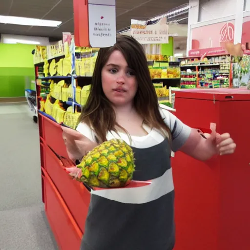 Image similar to realistic photo of rowan aktinson stealing a pineapple from target