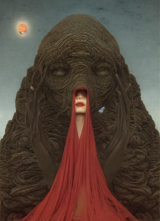 Image similar to Woman masterpiece, red, golden halo behind her head, by Edgar Maxence and Ross Tran, Zdzisław Beksiński, and Michael Whelan, distant, gustav dore, H.R. Giger, 8k, octane render