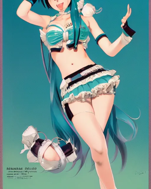 Prompt: Hatsune Miku full body pin up modeling in idol unioform, with a park in the back ground, post war style, detailed face, american postcard art style, by Gil Elvgren and Randolph Stanley Hewton and Charlie Bowater