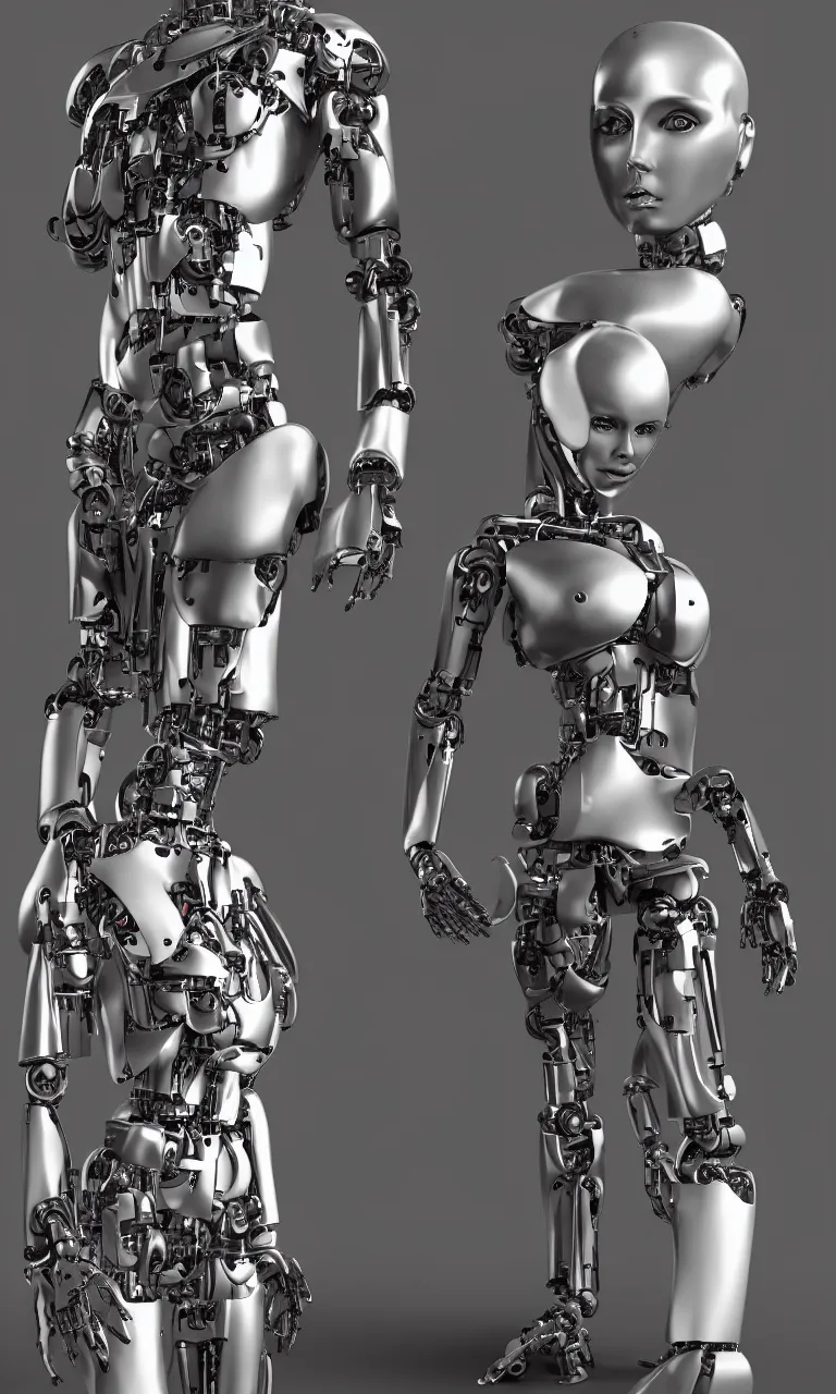 Image similar to full body photo of a woman with human face and robot body, robot body, steel body, human face, cyborg body