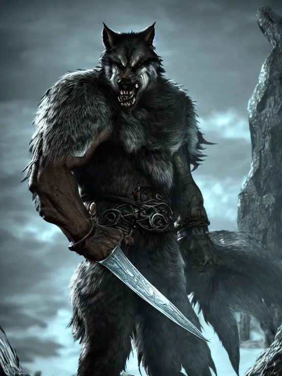 Image similar to cute handsome calm happy relaxed cuddly burly surly werewolf from van helsing unreal engine hyperreallistic render 8k character concept art masterpiece screenshot from the video game the Elder Scrolls V: Skyrim