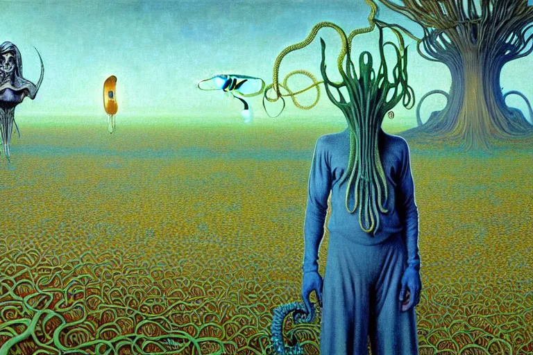 Prompt: realistic detailed portrait painting of a ghost farmer, single house in a plain field and single ufo in the background, futuristic sci-fi forest, slime and tentacles by Jean Delville, Amano, Yves Tanguy, Alphonse Mucha, Ernst Haeckel, Edward Robert Hughes, Roger Dean, rich moody colours, blue eyes