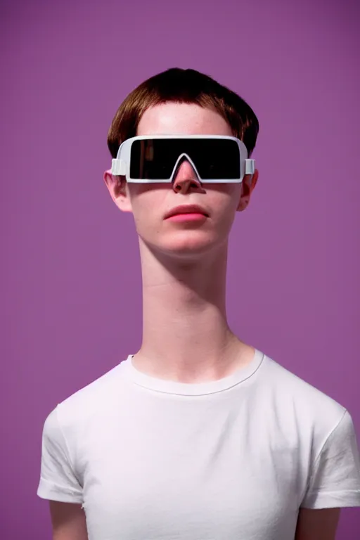 Prompt: a high definition film photograph of a normal androgynous robot human wearing a plain white t - shirt, in a pastel pink room. happy. led visor glasses. crushed shadows.