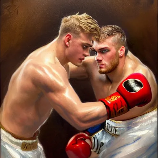 Prompt: a beautiful painting of ksi fist - fighting jake paul in a boxing ring, rendered art, highly detailed painting by gaston bussiere, craig mullins, j. c. leyendecker 8 k, trending on artstation, art, fighting, watercolor