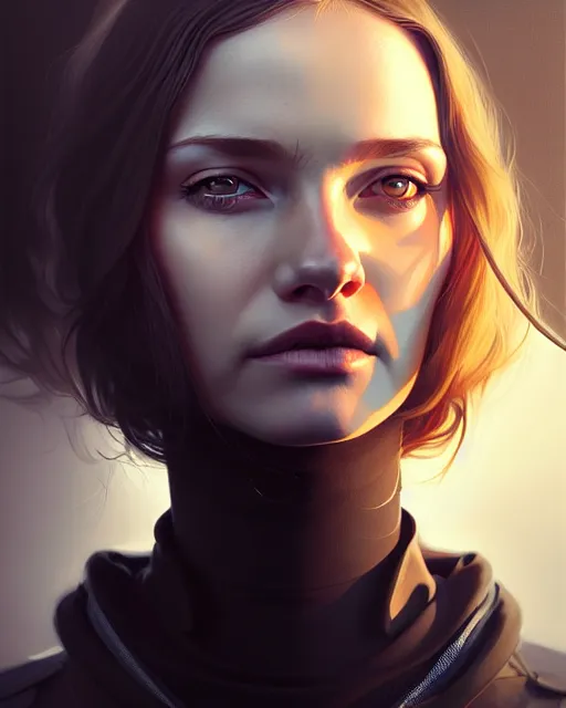 Image similar to hyper - realistic portrait of a female hunter, symmetrical face and body, symmetrical composition, dynamic wavy hair, detailed designs, digital painting, 4 k, by ilya kuvshinov, by greg rutkowski, atmospheric lighting