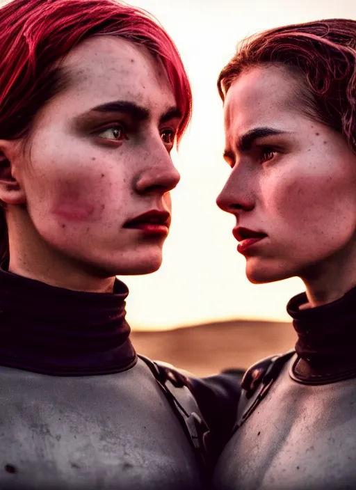 Image similar to cinestill 5 0 d photographic portrait of two sultry loving female androids wearing rugged black techwear on a desolate plain with a red sky, extreme closeup, cyberpunk style, garters, dust storm, 8 k, hd, high resolution, 3 5 mm, f / 3 2, ultra realistic faces, ex machina