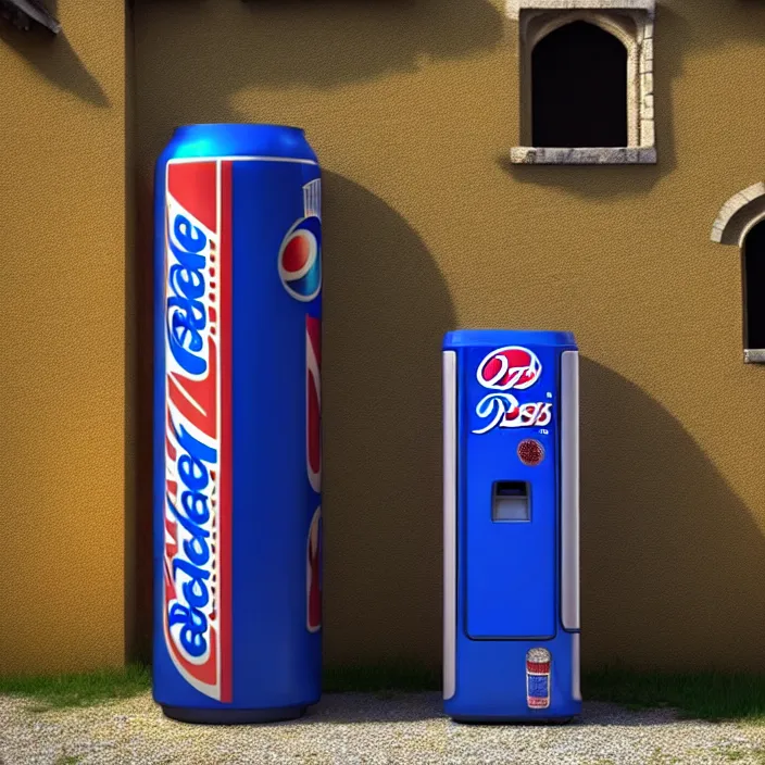 Image similar to pepsi vending machine outside a medieval house in a village. a woman is standing next to the vending machine. perfect faces, extremely high details, realistic, cinematic, octane render, masterpiece, artstation contest winner, art by johannen voss, frank frazetta