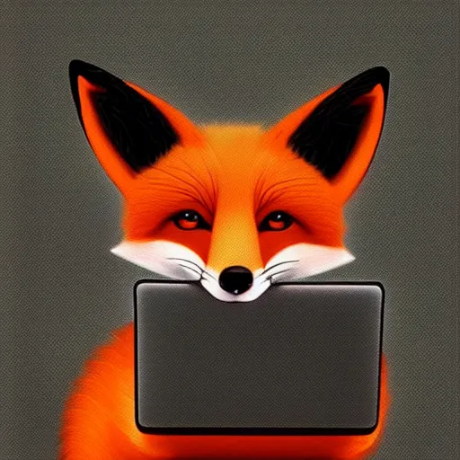 Image similar to portraite of a cute fox sitting in front of laptop, by artgerm, andrei riabovitchev, vivid colors, orange glow