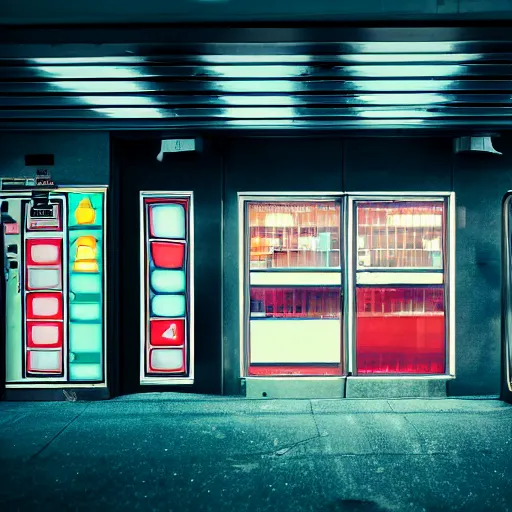 Prompt: noisy color photograph of a retrofuturist liminal empty convenience store with no windows, dark pit, minimalist, cinematic, soft vintage glow