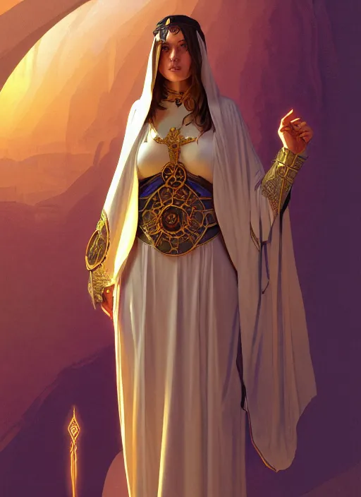 Image similar to portrait of a full body of curvy young female solarpunk priestess in byzantine robes, fantasy, flat lighting, intricate, highly detailed, digital painting, artstation, concept art, smooth, sharp focus, illustration, art by simon bisley and greg rutkowski and alphonse mucha, natural tpose