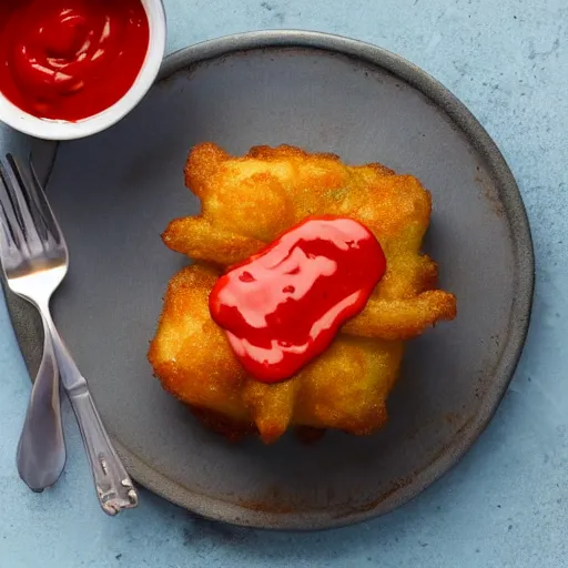 Image similar to food photo of channing tatum's face as giant tater tot on a plate with ketchup