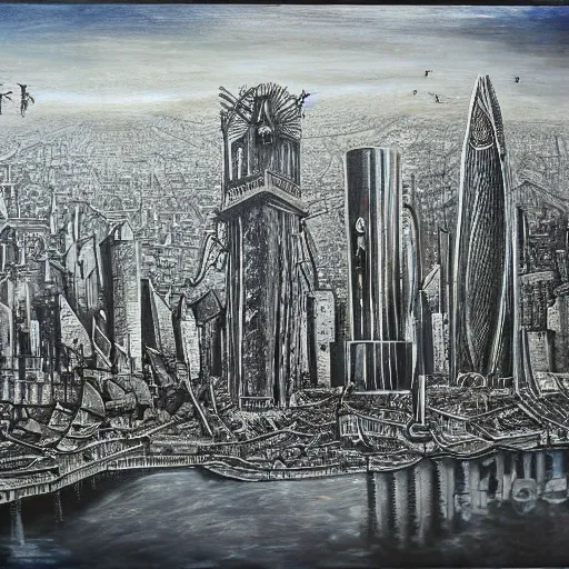 Image similar to city of london painted by hg giger