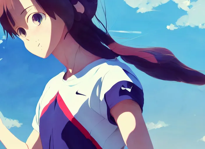 Prompt: portrait of high school runner girl, sunny sky background stadium landscape illustration concept art anime key visual trending pixiv fanbox by wlop and greg rutkowski and makoto shinkai and studio ghibli and kyoto animation symmetrical facial features sports clothing marathon race nike shirt realistic anatomy