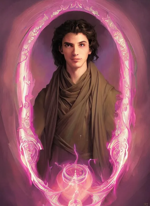 Prompt: character concept portrait of an attractive young smiling Spanish wizard with pink skin conjuring a love spell, a floating iridescent spell book in the center, intricate, elegant, digital painting, concept art, smooth, sharp focus, illustration, from Metal Gear, by Ruan Jia and Mandy Jurgens and William-Adolphe Bouguereau, Artgerm