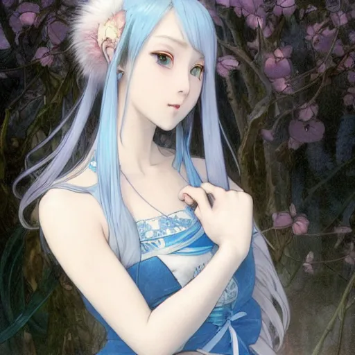 Image similar to an adult girl with long blue hair and blue eyes, a small pigtail on the left side, white fur on top,, chinese blue dress, chinese style, anime style, hyper detailed, illustration, digital painting, art by artgerm and greg rutkowski and alphonse mucha, high delicate defined details, anime stylized, highly detailed, realistic, sharp focus